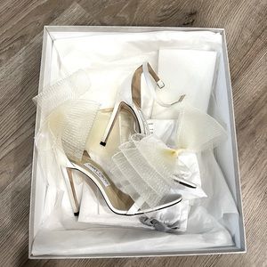 Jimmy Choo Aveline 100 Latte Sandals Asymmetric Grosgrain Mesh Fascinator Bows